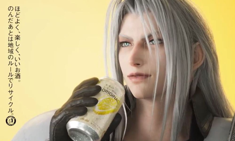 Sephiroth nippt lasziv am Drink und glänzt als Werbefigur für neue Asahi-Werbespot