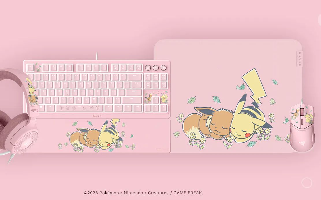 Ein putziges Evoli und ein kuscheliges Pikachu sind im Fokus der neuen Razer-Kollektion